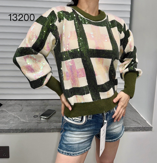 Women's fashion beaded long-sleev sweater.